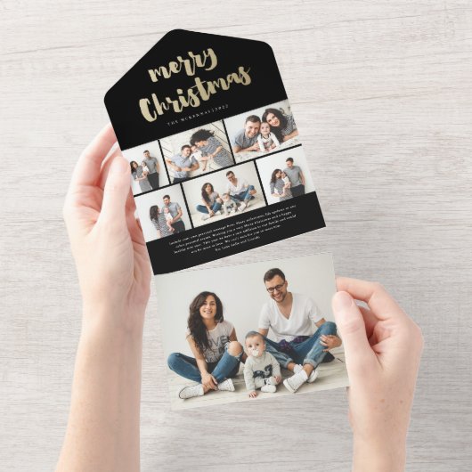 ゴールドスクリプト メリークリスマス 7 フォト ホリデー オールインワン招待状 (貼ってはがせる)