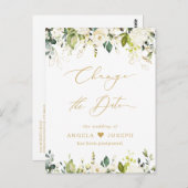 ゴールドスクリプト 変更日 緑の植物 白いバラ ポストカード (正面/裏面)