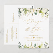 ゴールドスクリプト 変更日 緑豊かな 白いバラ ポストカード (正面/裏面)