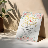 ゴールドスクリプト & 水彩花のベビーシャワー招待状 招待状