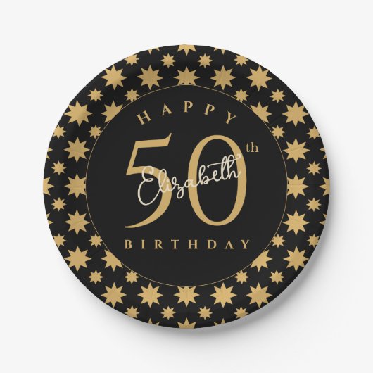 ゴールドスターの50歳の誕生日カスタムネーム ペーパープレート (正面)