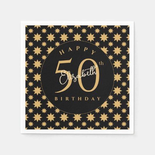 ゴールドスターの50歳の誕生日 カスタムネーム スタンダードカクテルナプキン (正面)