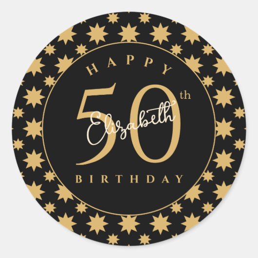 ゴールドスターの50歳の誕生日 カスタムネーム ラウンドシール (正面)