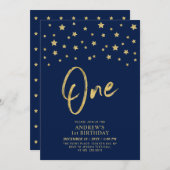 ゴールドスター | ネイビーブルー ワン 1歳の誕生日パーティー 招待状 (正面/裏面)