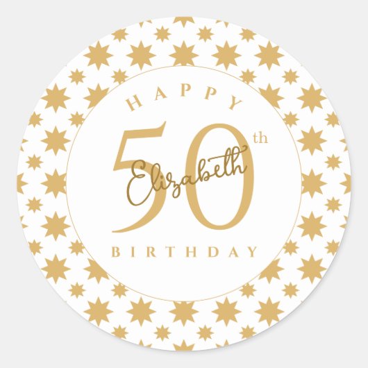 ゴールドスター 50歳の誕生日 カスタムネーム ラウンドシール (正面)