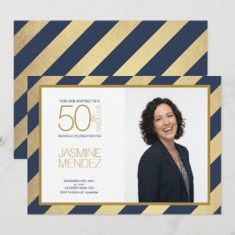 ゴールドストライプの50歳の素敵な誕生日写真 招待状