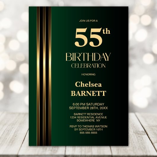 ゴールドストライプブラックグリーン55歳の誕生日パーティー 招待状