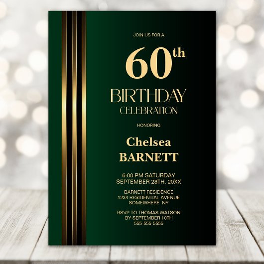 ゴールドストライプブラックグリーン60歳の誕生日パーティー 招待状
