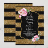 ゴールドストライプ フラワー ヴィンテージエンゲージメントパーティー 招待状 (正面/裏面)