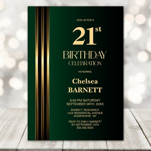 ゴールドストライプ ブラックグリーン 21歳の誕生日パーティー 招待状