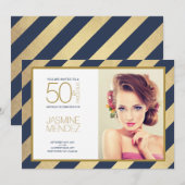 ゴールドストライプ 50歳の誕生日おめでとう 写真 招待状 (正面/裏面)