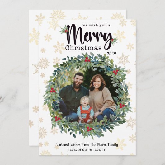 ゴールドスノーフレークのクリスマスフォトカード シーズンカード (正面/裏面)