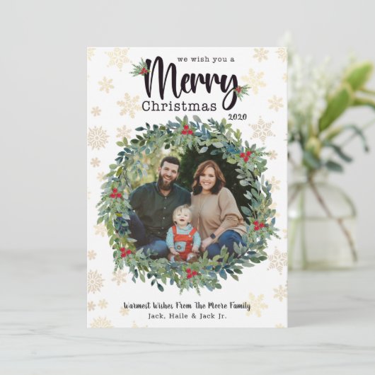 ゴールドスノーフレークのクリスマスフォトカード シーズンカード (スタンド正面)