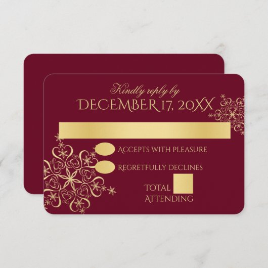 ゴールドスノーフレークの冬のウェディング返信 招待状 (正面/裏面)