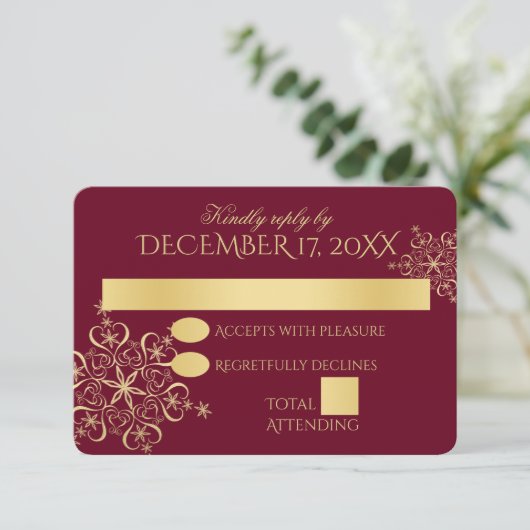 ゴールドスノーフレークの冬のウェディング返信 招待状 (スタンド正面)