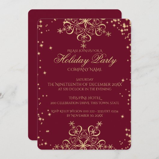 ゴールドスノーフレークスパークル法人ホリデーパーティー 招待状 (正面/裏面)