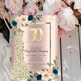 ゴールドスパンコールドレス、ブルーローズゴールド50歳の誕生日 招待状
