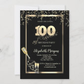 ゴールドスパンコール ワイングラスボトル 100歳の誕生日 招待状 (正面)