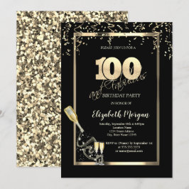 ゴールドスパンコール ワイングラスボトル 100歳の誕生日 招待状