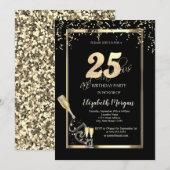 ゴールドスパンコール ワイングラスボトル 25歳の誕生日 招待状 (正面/裏面)