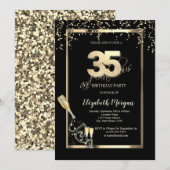 ゴールドスパンコール ワイングラスボトル 35歳の誕生日 招待状 (正面/裏面)