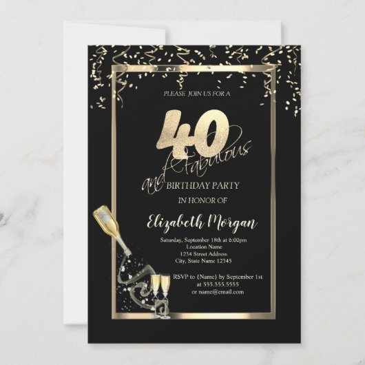 ゴールドスパンコール ワイングラスボトル 40歳の誕生日 招待状 (正面)