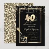 ゴールドスパンコール ワイングラスボトル 40歳の誕生日 招待状 (正面/裏面)