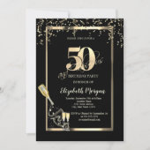 ゴールドスパンコール ワイングラスボトル 50歳の誕生日 招待状 (正面)
