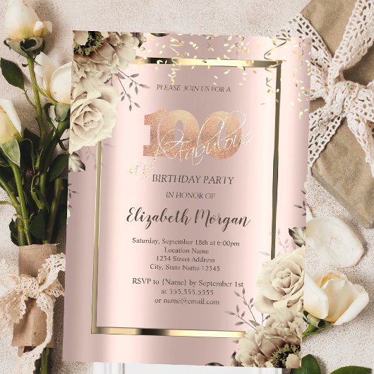 ゴールドスパンコール、花々 ローズゴールド 100歳の誕生日 招待状