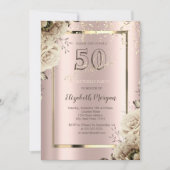 ゴールドスパンコール、花々 ローズゴールド 50歳の誕生日 招待状 (正面)