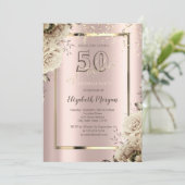 ゴールドスパンコール、花々 ローズゴールド 50歳の誕生日 招待状 (スタンド正面)