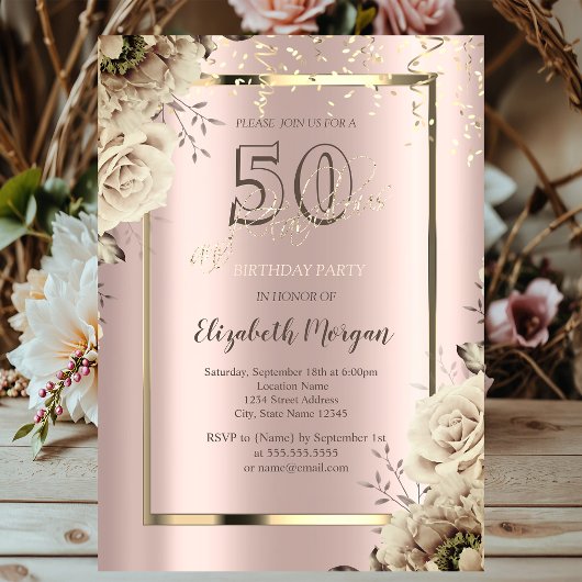 ゴールドスパンコール、花々 ローズゴールド 50歳の誕生日 招待状