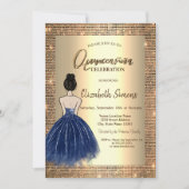 ゴールドスパンコール、青いドレスの女の子 Quinceañera 招待状 (正面)