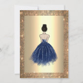 ゴールドスパンコール、青いドレスの女の子 Quinceañera 招待状 (裏面)