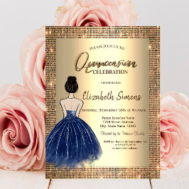 ゴールドスパンコール、青いドレスの女の子 Quinceañera 招待状