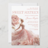 ゴールドスパークルスイート16 ブラッシュピンクのドレス 招待状 (正面)