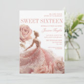 ゴールドスパークルスイート16 ブラッシュピンクのドレス 招待状 (スタンド正面)