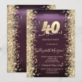 ゴールドスパークルダイヤモンドバーガンディー40歳の誕生日 招待状 (正面/裏面)