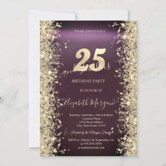ゴールドスパークルダイヤモンド バーガンディ 25歳の誕生日 招待状 (正面)