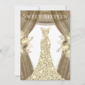 ゴールドスパークルドレス＆フラワー スイート16パーティー 招待状 (正面)