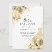 ゴールドスパークルドレス＆フラワー 女性の80歳の誕生日 招待状 (正面)