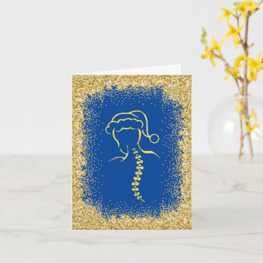 ゴールドスパークル 脊椎サンタのアウトラインカード カード (黄色い花)