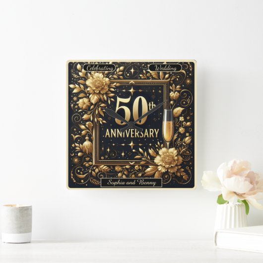 ゴールドスパークル:50年の愛 スクエア壁時計 (ホーム)