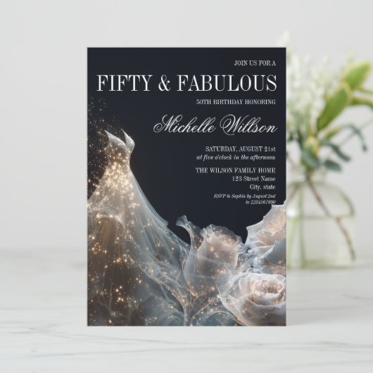 ゴールドスパークル 50歳と素敵なドレス 招待状 (スタンド正面)
