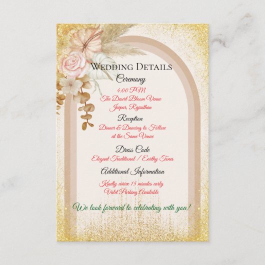 ゴールドスパーク付きボヘミアンフラワー結婚式詳細カード エンクロージャーカード (正面)