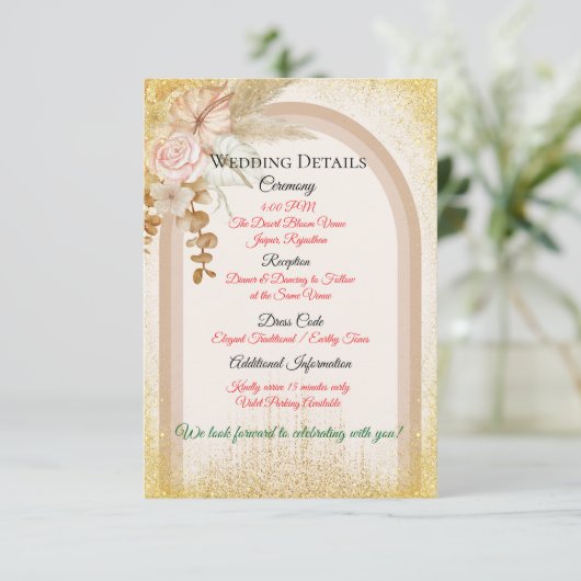 ゴールドスパーク付きボヘミアンフラワー結婚式詳細カード エンクロージャーカード (スタンド正面)