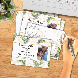 ゴールドスフィアと植物のモチーフを使った結婚式の事前案内 ポストカード