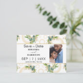 ゴールドスフィアと植物のモチーフを使った結婚式の事前案内 ポストカード (スタンド正面)