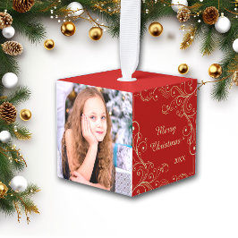 ゴールドスワールオンレッド写真テンプレート キューブオーナメント