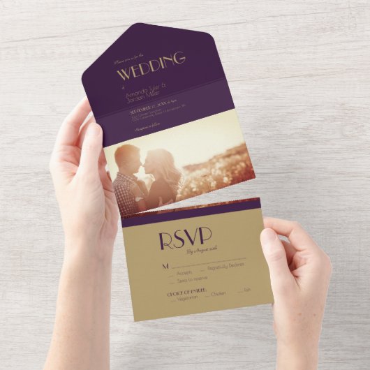 ゴールドタイプデコ | ダークパープル フォトウェディング オールインワン招待状 (貼ってはがせる)